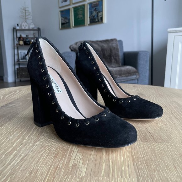 SOLD NWT Karl Lagerfeld Black Suger Suede Stitched Pump - Picture 2 of 9